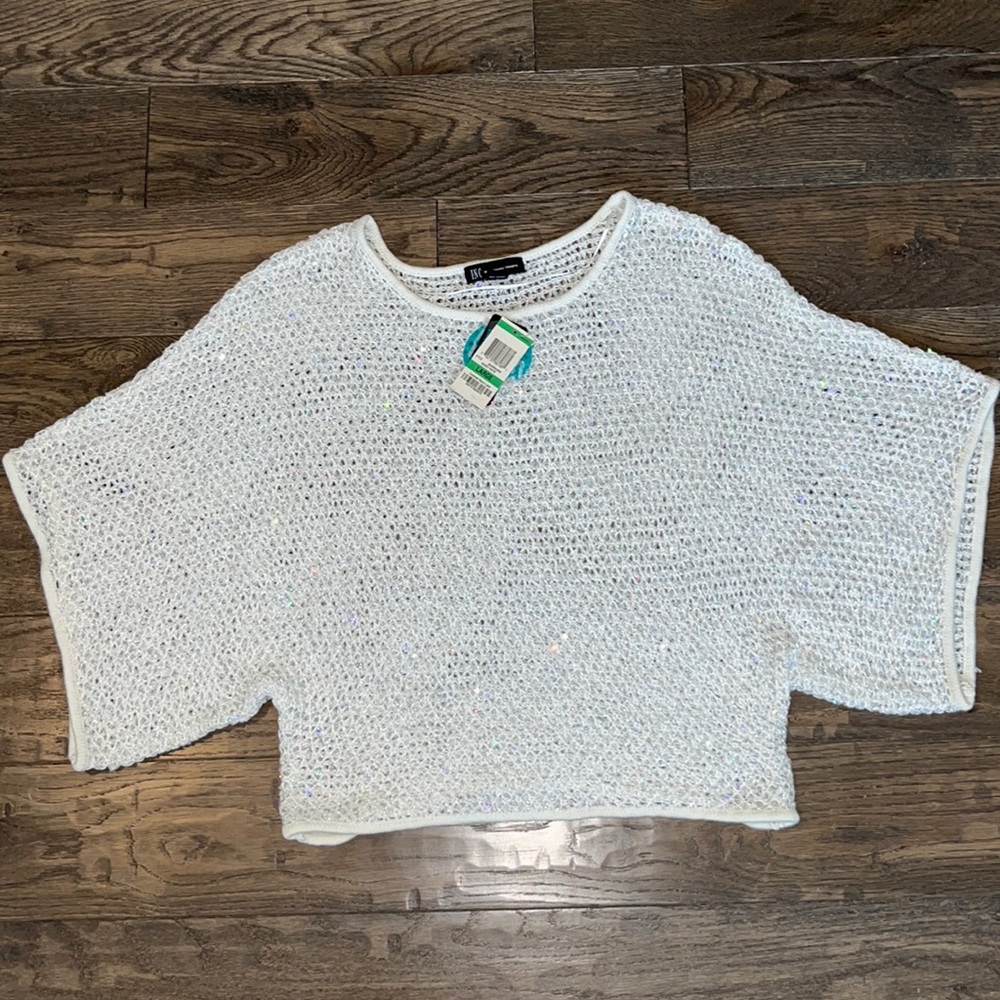 NWT I.N.C. Bright White Sequined Netted Overlay Sweater